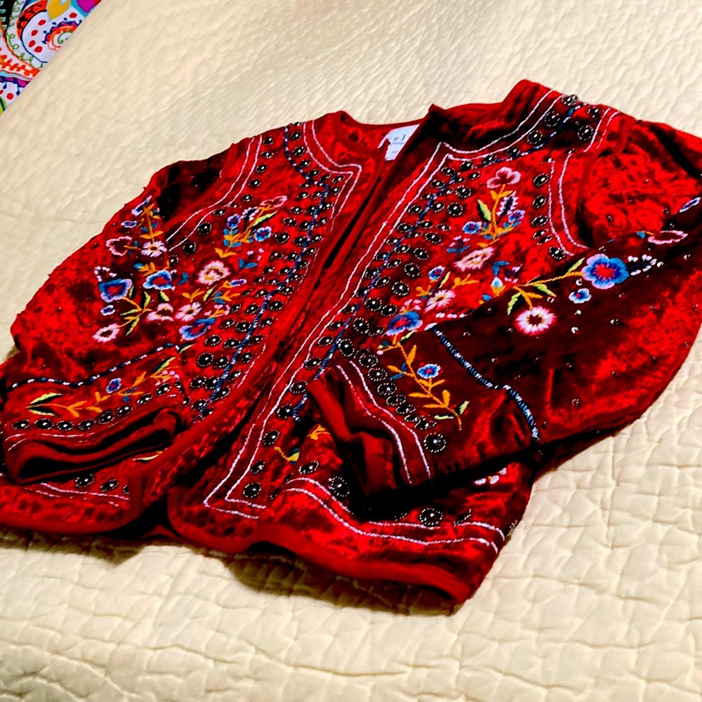 Velvet red velvet floral embroidered jacket with beads and grommets . Small.